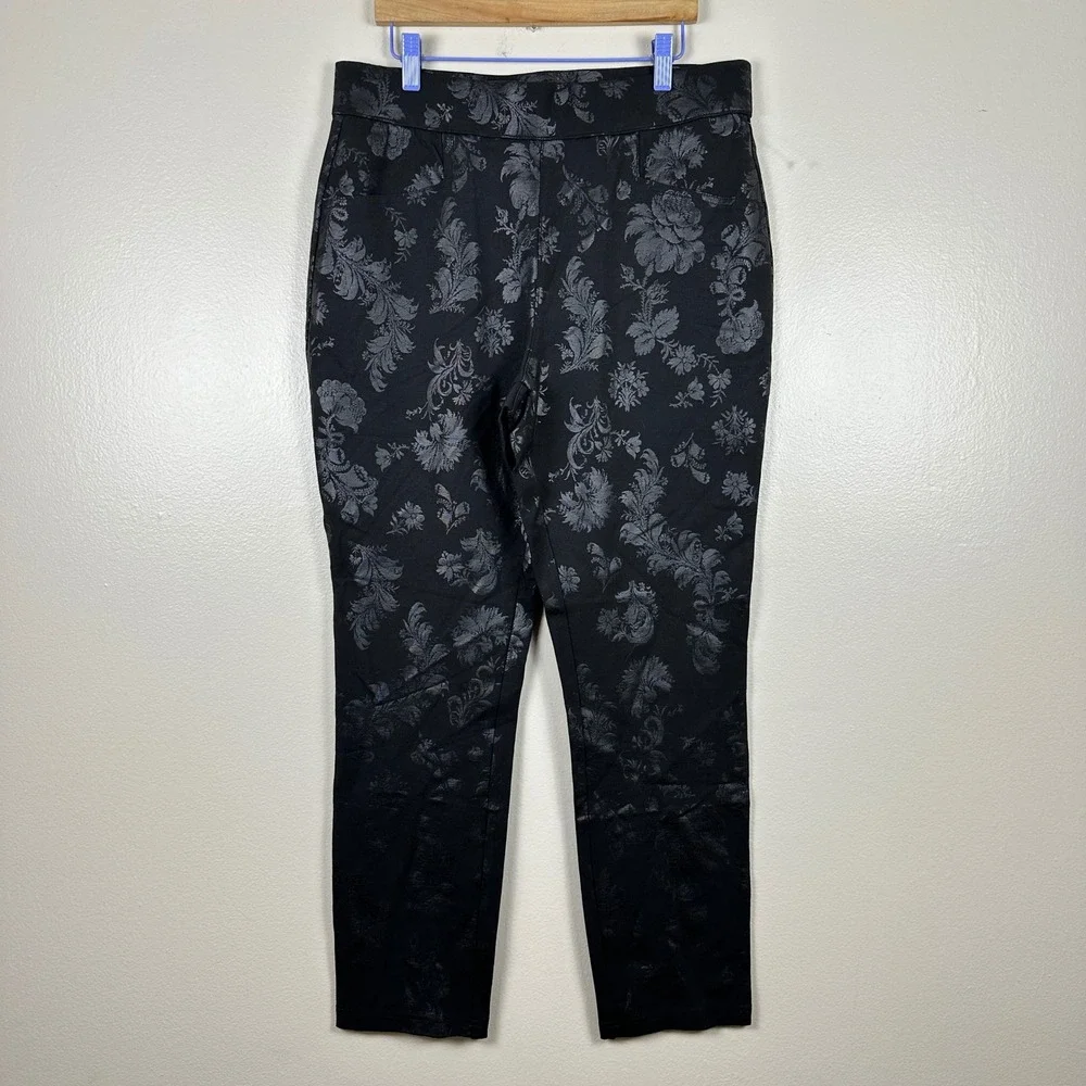 Christopher & Banks Women's 10P Pants Black Floral Damask Brocade Pull On Petite